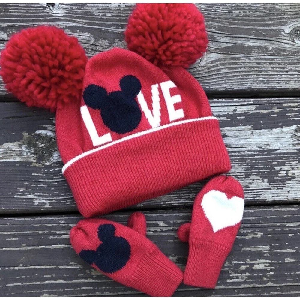 NWT Baby Gap 2 pc Disney Mickey Mouse PomPom HAT & MITTEN SET S/M 3T-5T
